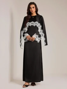 SHEIN Tall Women's Lace Patchwork Waist-Cinched Long Dress - Black - View 12