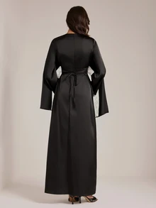 SHEIN Tall Women's Lace Patchwork Waist-Cinched Long Dress - Black - View 4