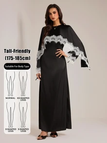 SHEIN Tall Women's Lace Patchwork Waist-Cinched Long Dress - Black - View 13
