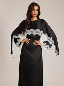 SHEIN Tall Women's Lace Patchwork Waist-Cinched Long Dress - Black - View 10