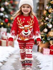 Setelan Natal 2 Potong untuk Anak Perempuan: Kaos Lengan Panjang dan Legging Motif Rusa dan Kepingan Salju, Pakaian Liburan Anak yang Lucu - MultiWarna - View 1