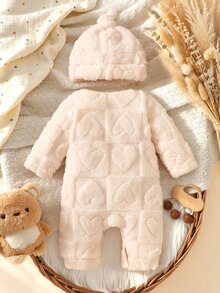 SHEIN 3件組新生女嬰可愛奶油色毛茸茸絨毛刺繡長袖圓領加厚休閒套裝，包含衛衣、長褲、帽子，適合冬季秋季聖誕節，純色 - 杏色 - 查看 9