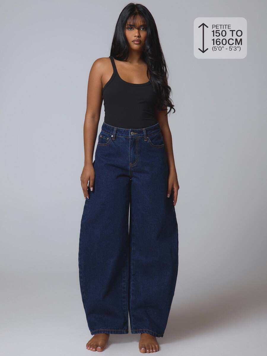 Musera Petite بنطلون جينز أزرق بغسيل فضي بتفاصيل أزرار فضية بقصة فضفاضة وخصر متوسط، أساسيات كاجوال للاستخدام اليومي - أزرق داكن - مشاهدة 1