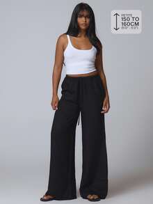 Musera Petite Textured Linen Feel Tie Waist Trouser Vacation Summer Elegant Beachwear Boho Casual Boho Airport Spring Holiday - Black - View 1