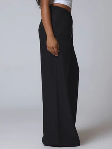Musera Petite Textured Linen Feel Tie Waist Trouser Vacation Summer Elegant Beachwear Boho Casual Boho Airport Spring Holiday - Black - View 4