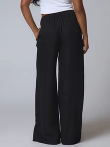 Musera Petite Textured Linen Feel Tie Waist Trouser Vacation Summer Elegant Beachwear Boho Casual Boho Airport Spring Holiday - Black - View 6