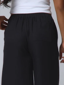 Musera Petite Textured Linen Feel Tie Waist Trouser Vacation Summer Elegant Beachwear Boho Casual Boho Airport Spring Holiday - Black - View 5