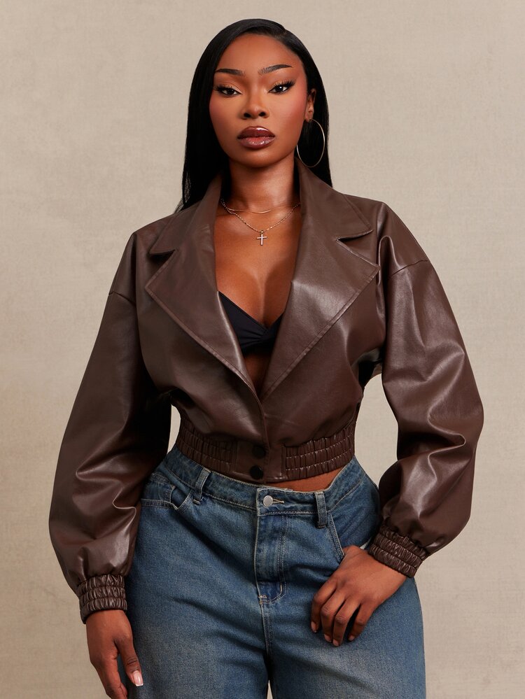 SHEIN SXY Brown PU Long Sleeve V-Neck Loose Cropped Jacket Autumn Nightwear Night Out Casual Baggy - Chocolate Brown - View 7