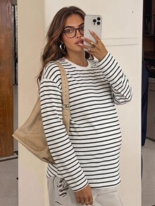 SHEIN Maternity Striped Crew Neck Drop Shoulder Long Sleeve Casual T-Shirt Fall - White - View 10