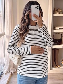 SHEIN Maternity Striped Crew Neck Drop Shoulder Long Sleeve Casual T-Shirt Fall - White - View 2