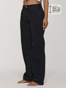 Musera Petite Mid Waist Straight Leg Fit Black Wash High Rise Denim Jeans Casual Winter Night Out Back To School Office Work Date Core Chic Spring Summer - Black - View 1