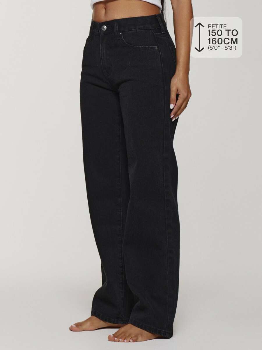Musera Petite Mid Waist Straight Leg Fit Black Wash High Rise Denim Jeans Casual Winter Night Out Back To School Office Work Date Core Chic Spring Summer - Black - View 1