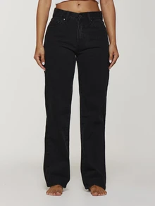 Musera Petite Mid Waist Straight Leg Fit Black Wash High Rise Denim Jeans Casual Winter Night Out Back To School Office Work Date Core Chic Spring Summer - Black - View 2