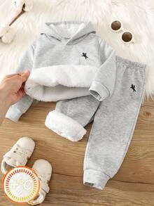 SHEIN 兒童小男孩幼兒男孩連帽衫與運動衫套裝 母子款 適合生日、開學首日、Glamorique Kids、假日 - 灰色 - 查看 4