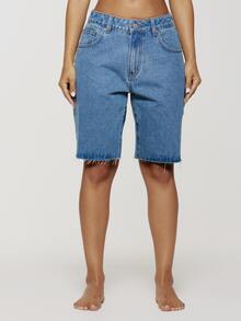 Musera Petite Classic Denim Jorts Basics Autumn Fall Cute Streetwear Going Out Casual Core Denim Spring Summer - Medium Wash - View 2