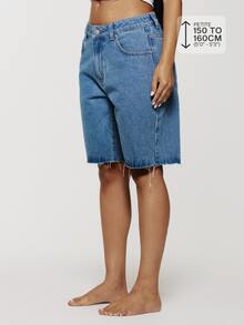 Musera Petite Classic Denim Jorts Basics Autumn Fall Cute Streetwear Going Out Casual Core Denim Spring Summer - Medium Wash - View 1