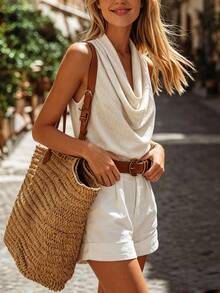SHEIN Women's Solid Color Casual Versatile Daily Wear Draped Neck Tank Top - Apricot - View 6