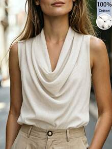 SHEIN Women's Solid Color Casual Versatile Daily Wear Draped Neck Tank Top - Apricot - View 1