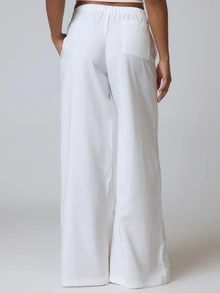 Musera Petite 度假風紋理亞麻感綁腰長褲 夏季優雅海灘風波希米亞休閒機場褲 春季 - 白色 - 查看 5