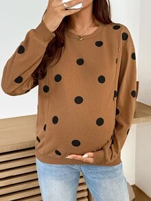 SHEIN Sweatshirt Menyusui Kasual Musim Gugur Motif Polkadot untuk Ibu Hamil dan Musim Dingin - Coklat - View 3