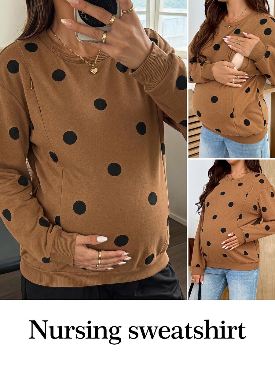SHEIN Sweatshirt Menyusui Kasual Musim Gugur Motif Polkadot untuk Ibu Hamil dan Musim Dingin - Coklat - View 1