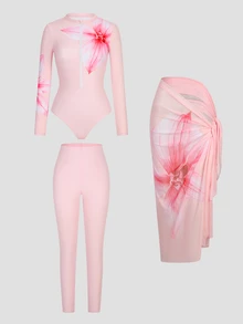 Swim Shayni 3件組粉色印花圓領長袖拉鍊上衣、純色長褲、多色網紗裙，年輕時尚度假女款比基尼泳衣套裝 - 粉色 - 查看 6