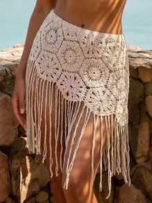 SHEIN Swim تنورة قصيرة جديدة بلون موحد مع فتحات للشاطئ والعطلات الصيفية الاستوائية بوهيمية بيج - لون مشمشي - مشاهدة 1