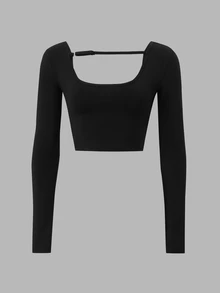 SHEIN Sports Women's Solid Color Casual Versatile Daily Wear Sports T-Shirt - Black - View 8