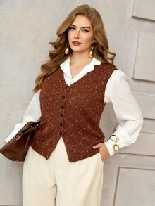 Roveilla Plus Size Women's Fashion Special Yarn V-Neck Button Front Sweater Vest, Casual Everyday Versatile Layering Knit Vest For Autumn/Winter - Multicolor - View 3