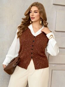 Roveilla Plus Size Women's Fashion Special Yarn V-Neck Button Front Sweater Vest, Casual Everyday Versatile Layering Knit Vest For Autumn/Winter - Multicolor - View 4