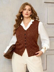 Roveilla Plus Size Women's Fashion Special Yarn V-Neck Button Front Sweater Vest, Casual Everyday Versatile Layering Knit Vest For Autumn/Winter - Multicolor - View 1