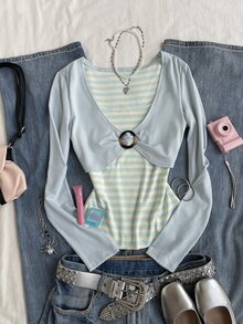 Attitoon 女款休閒拼色修身長袖T恤，Y2K風格，秋冬穿搭，適合日常通勤、派對、夏季、聖誕節、新年、感恩節、婚禮、海灘、出遊、約會、情人節，優雅度假風 - 彩色 - 查看 2