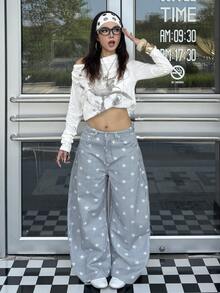 DAZY 女款高腰寬鬆哈倫曲腿牛仔褲，直條紋與星星印花，街頭休閒甜美風格，適合戶外日常穿著，秋冬款 - 藍色 - 查看 7