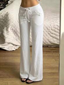 Attitoon Women's Casual Ultra Low Waist Straight Leg Pants, Y2K Style, Vintage - White - View 2