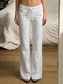Attitoon Women's Casual Ultra Low Waist Straight Leg Pants, Y2K Style, Vintage - White - View 10
