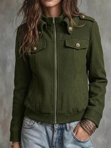 Struktiv Jaket dengan Detail Penutup Resleting - Hijau Tentara - View 1