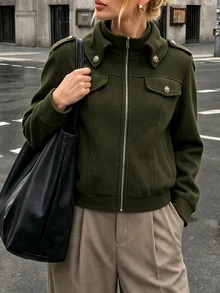 Struktiv Jaket dengan Detail Penutup Resleting - Hijau Tentara - View 5