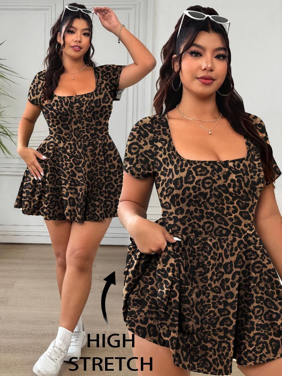 Solflare Casual Minimalist Retro Leopard Print Plus Size Women Short Sleeve Jumpsuit, Suitable For Summer - Multicolor - View 1