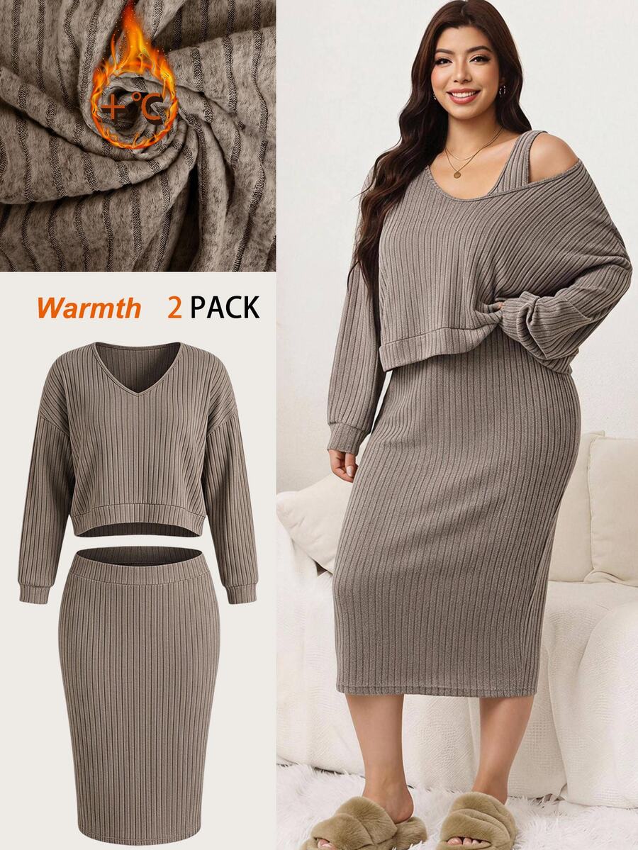 SHEIN LUNE Plus Size Autumn Casual Top & Dress 2 Pieces Set - Khaki - View 1