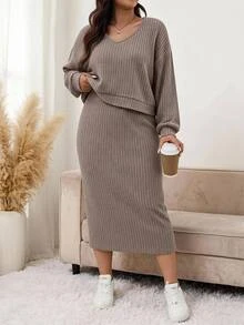 SHEIN LUNE Plus Size Autumn Casual Top & Dress 2 Pieces Set - Khaki - View 9