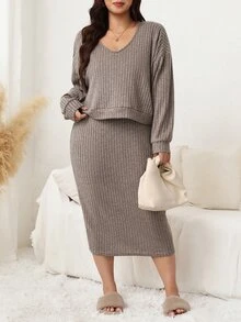 SHEIN LUNE Plus Size Autumn Casual Top & Dress 2 Pieces Set - Khaki - View 4