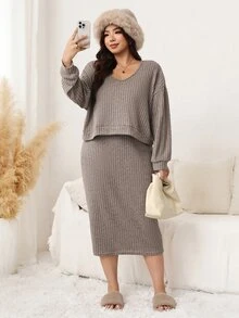 SHEIN LUNE Plus Size Autumn Casual Top & Dress 2 Pieces Set - Khaki - View 5