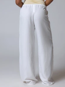 Musera Petite 前綁帶高級亞麻質感沙灘長褲 優雅夏季度假休閒波希米亞風 白色機場沙灘褲 春季假期秋季 - 白色 - 查看 4