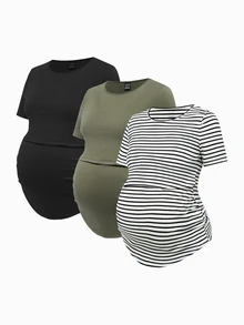 Modmama Maternity Summer Casual Nursing Clothes Round Neck Short Sleeve Slim Fit T-Shirt - Multicolor - View 3