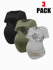 Modmama Maternity Summer Casual Nursing Clothes Round Neck Short Sleeve Slim Fit T-Shirt - Multicolor - View 2