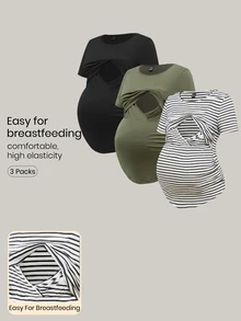 Modmama Maternity Summer Casual Nursing Clothes Round Neck Short Sleeve Slim Fit T-Shirt - Multicolor - View 1