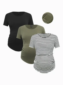 Modmama Maternity Summer Casual Nursing Clothes Round Neck Short Sleeve Slim Fit T-Shirt - Multicolor - View 16