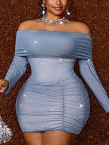 Maweii European Women's Plus Size French Style Tube Bandeau Design Mesh Fitted Sexy A-Line Bodycon Slimming Ruched Dress Fall - Grey - View 1