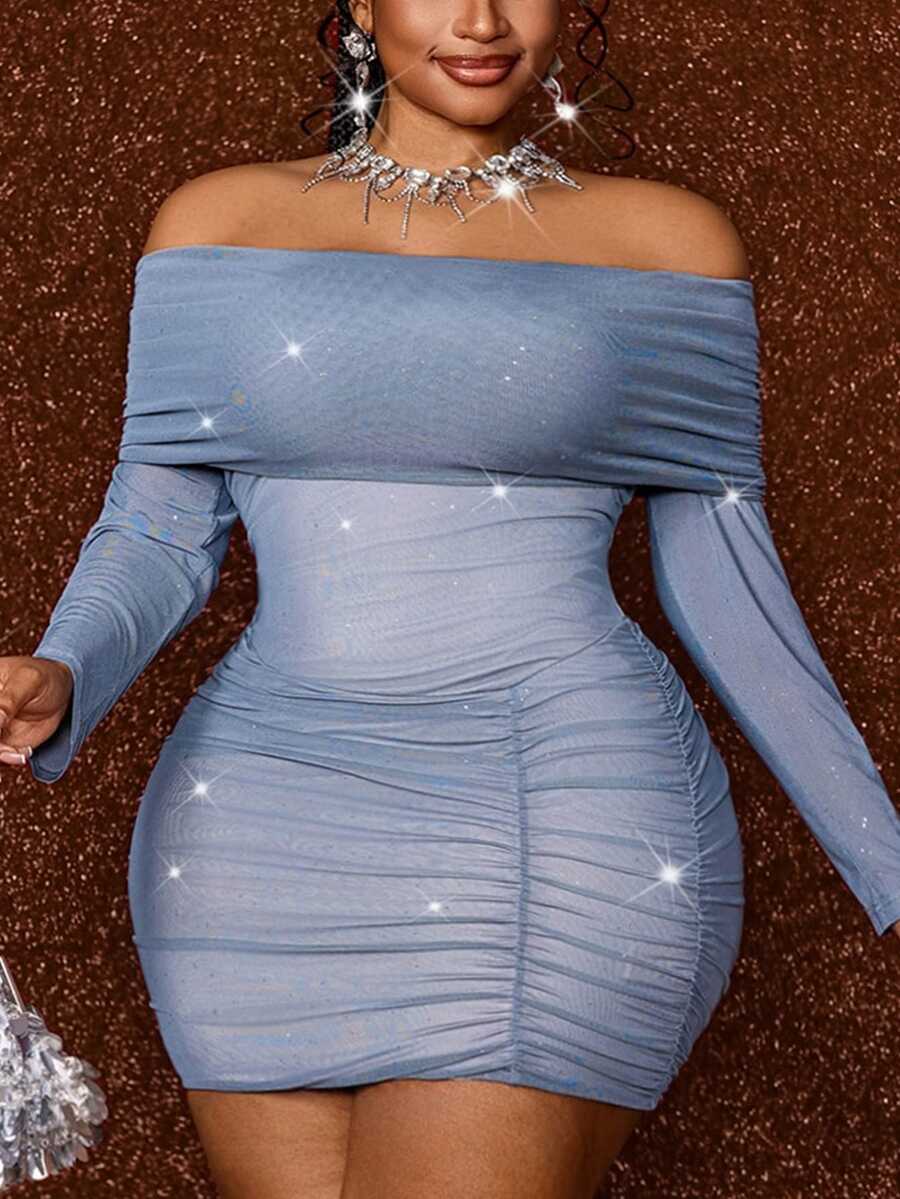 Maweii European Women's Plus Size French Style Tube Bandeau Design Mesh Fitted Sexy A-Line Bodycon Slimming Ruched Dress Fall - Grey - View 1