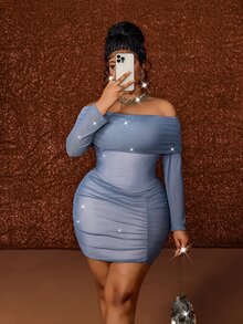 Maweii European Women's Plus Size French Style Tube Bandeau Design Mesh Fitted Sexy A-Line Bodycon Slimming Ruched Dress Fall - Grey - View 8